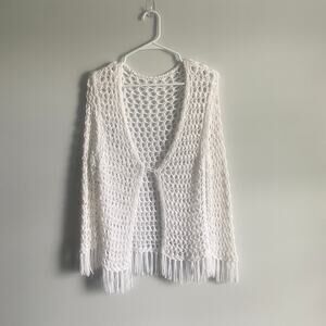 White Knitted Crochet Bohemian‎ Prairie Cottage Core Cardigan Medium-Large